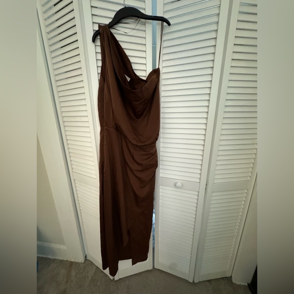 Chocolate satin midi dress. Off shoulder.  Midi length. Never once. - Picture 4 of 10